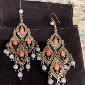 gold/coral/pearl chandelier earrings